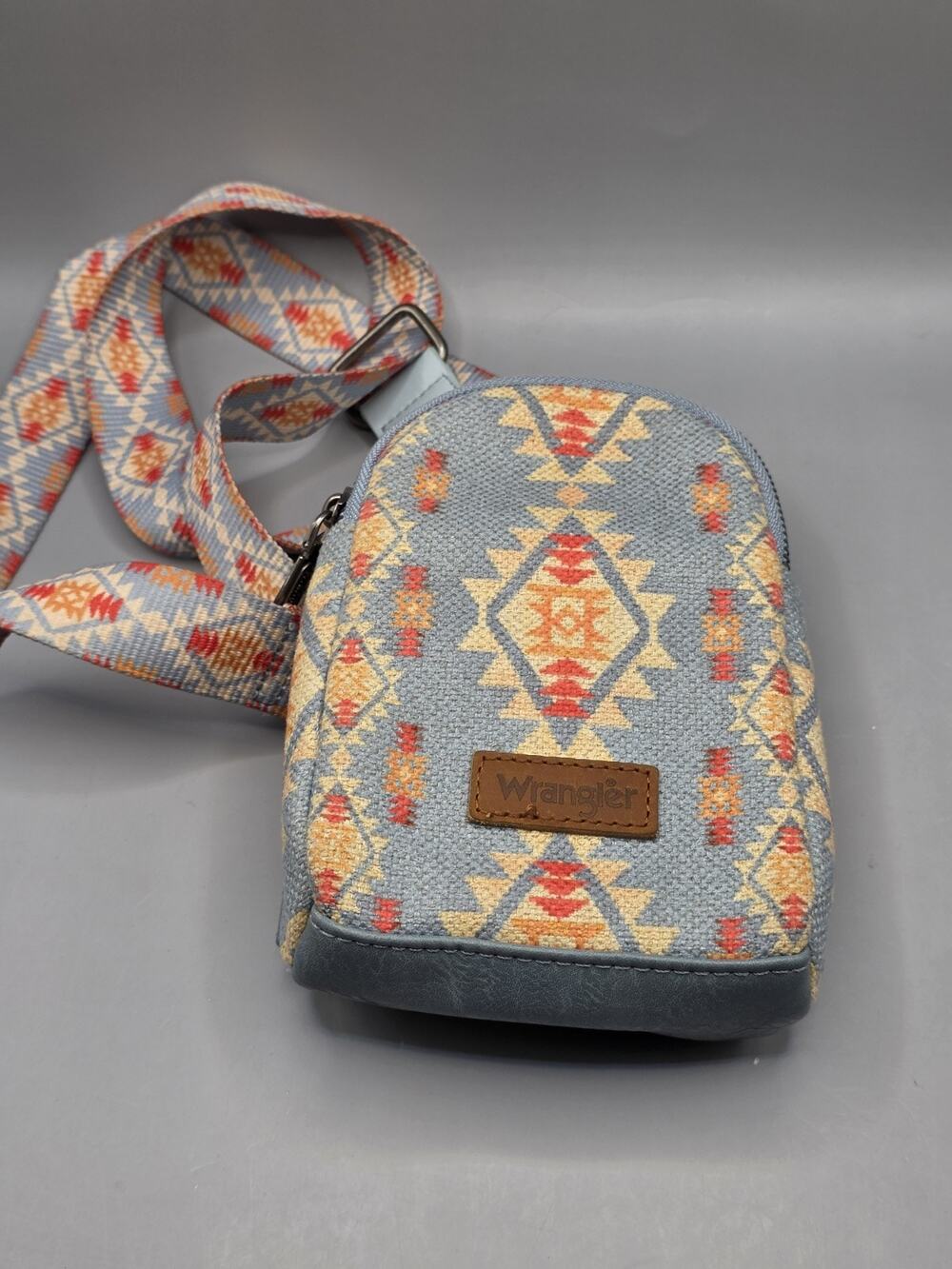 Wrangler Aztec Crossbody Sling Bag Denim Blue Southwestern Canvas Chest Purse